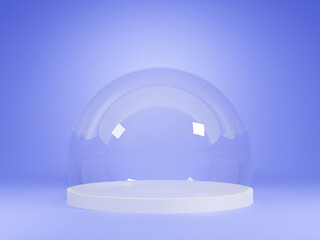 3D rendering of clear glass orb with white podium for put product or advertising on blue background