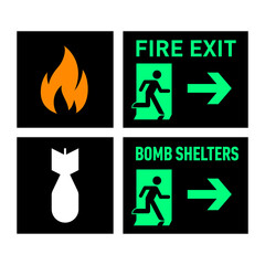 Set of Two Evacuation Signs - Fire Exit, and Bomb Shelters. The Signs Show the Direction of the Escape