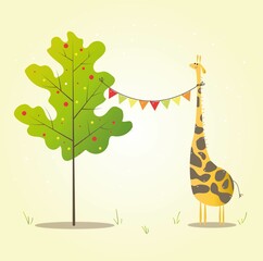 giraffe with a garland with flags attached to the neck