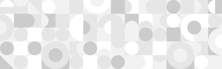 Trendy vector abstract geometric background with circles in Scandinavian retro style, seamless cover. Graphic pattern of simple shapes in gray tones, abstract white mosaic.