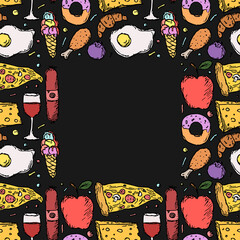 Seamless food frame. Food background with place for text. Doodle vector illustration with food icon