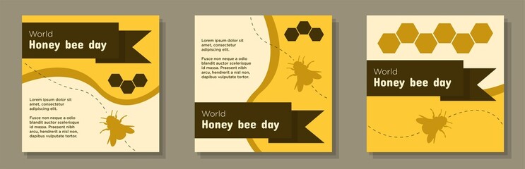 World honey bee day social media post, banner set, international fly insect celebration advertisement concept, wasp protection marketing square ad, August 20th abstract print, isolated on background - obrazy, fototapety, plakaty