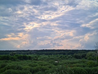 fantastic sunsets over the hills, meadows and forest