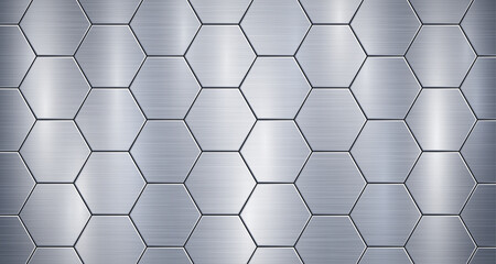 Abstract metallic background in light blue colors with highlights, consisting of voluminous convex hexagonal plates