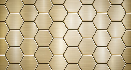 Abstract metallic background in golden colors with highlights, consisting of voluminous convex hexagonal plates