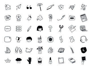 hand drawn set of black and white doodles icons