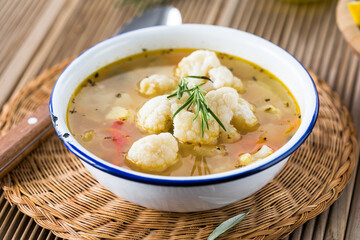 Vegetable soup with potato, carrot, and cauliflower. Homemade food