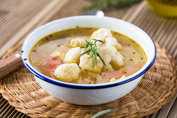 Vegetable soup with potato, carrot, and cauliflower. Homemade food