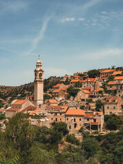 Fototapeta premium View of old town, tower and houses in Ložišća, Brac Island Croatia