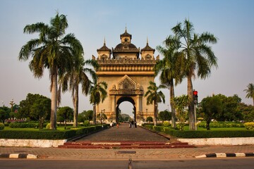 Obraz premium Patuxay park or Monument at Vientiane, Laos. Patuxay monument, capital city of Laos. High quality photo