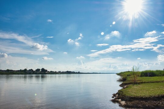 Beautiful time. View of Mekong River Vientiane, Laos. fisher men, boat on mekong, background city. High quality photo