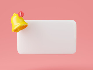 Notification bell icon 3d render - cute cartoon illustration of simple yellow bell for reminder or notice concept.