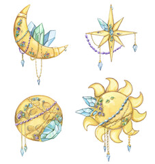 Mysterious crystals. Moon crystal and mystical illustration set. Solar vintage alchemy. Stars and crystals