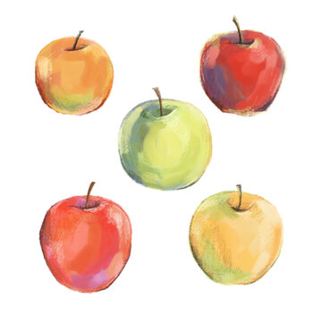 Hand drawn watercolor color apples set, isolated on white background. Delicious food illustration.