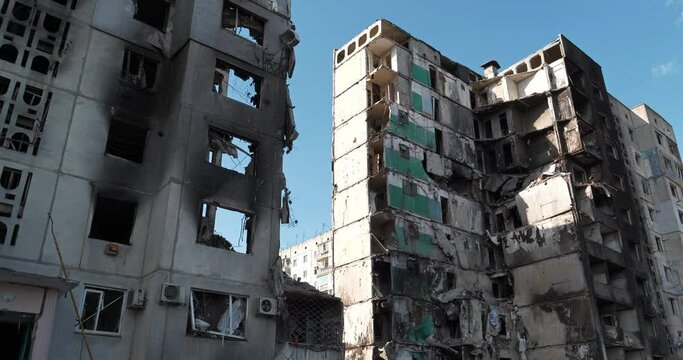 Terror and genocide of Ukrainian people. Russian - terrorist country, dropped bombs and destroyed dwelling house and killed people on end of February 2022 in Borodyanka town, Kyiv Region, Ukraine
