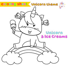 Coloring worksheet for children. Unicorn theme. Vector illustrations.