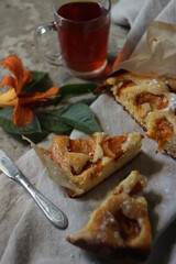Apricot sweet homemade pie with tea for lunch