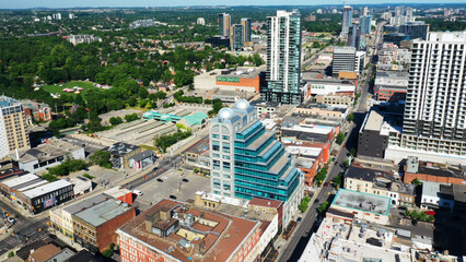 Aerial scene of Kitchener, Ontario, Canada on spring day