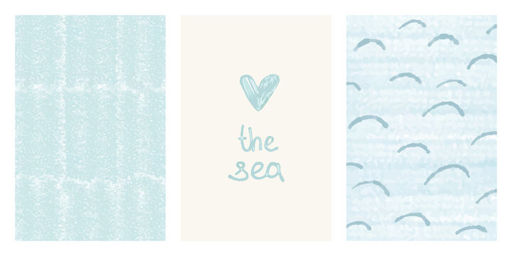 Cute children's minimalistic vector collection on the marine theme. Pattern, poster with inscription and poster with waves for background, cover, wrapper, textiles, decor, interior, kids