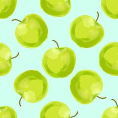 Seamless pattern with Illustration green apples on a light blue background