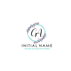Initial letter GA handwriting with floral frame template	 - obrazy, fototapety, plakaty