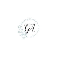 Initial letter GA handwriting with floral frame template	