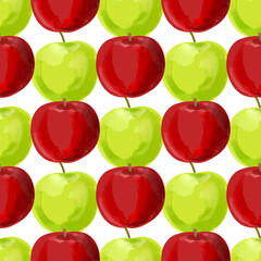 Seamless pattern with Illustration red and green apples on a white background