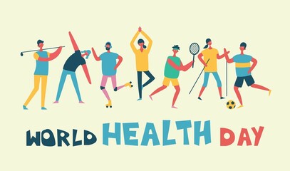 Vector illustration in flat design of group people doing different kinds of sport. World health day.