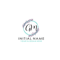 Initial letter GM handwriting with floral frame template