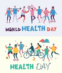 Vector illustration in flat design of group people doing different kinds of sport. World health day.