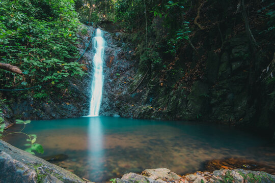 Long exposure image of beautiful waterfall in the jungle at Pulau Tinggi, Mersing, Johor, Malaysi