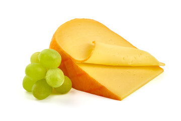 Hard Dutch gouda cheese, isolated on white background.