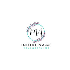 Initial letter MA handwriting with floral frame template	