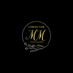 Fototapeta premium Initial letter MM handwriting with floral frame template