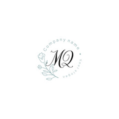 Initial letter MQ handwriting with floral frame template