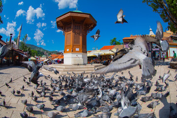 Sarajevo, old town, historical fountain, the capital city of Bosnia and Herzegovina, at dusk