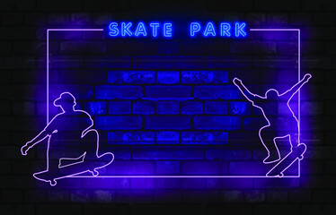 Skate park neon text on skateboard logo. Neon sign, night bright advertisement, colorful signboard, light banner. Vector illustration in neon style.

