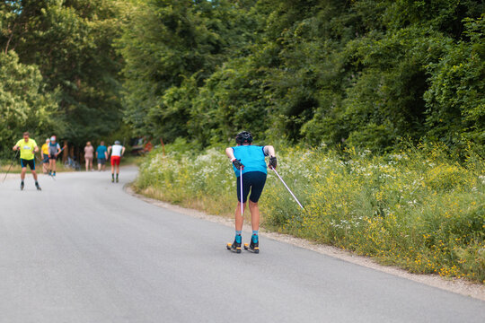 Roller ski olympiad. Group of athletes training before the competition. View from the back. Biathlon ride on the roller skis with ski poles, in the helmet. Concept of sport and summer contest