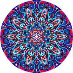 Detailed round mandala transparent background, Kaleidoscope, blue red purple