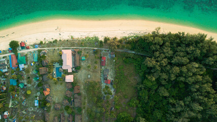 Aerial drone view of beautiful beach scenery in Besar Island, Mersing, Johor, Malaysia