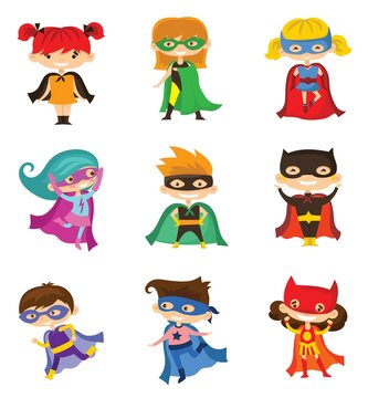 Vector illustrations in flat design of female and male kids superheroes in funny costume