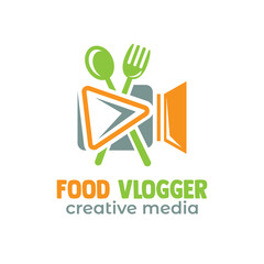 Food Vlogger Logo Design with Spoon Fork and Video Recorder Symbol Combination.