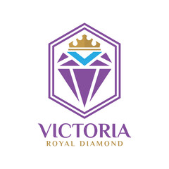 Beautiful Purple Diamond in Hexagon Frame with Golden Crown Logo Design. Initial Letter V with Diamond Combination Concept.