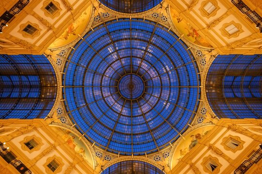 MILAN, ITALY - April 20, 2022: Glass roof of Vittorio Emmanuele II shopping gallery