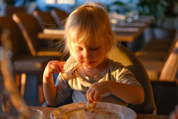 Little blond child eating pizza in restaurant.