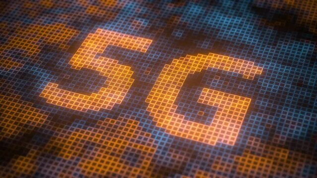 5G text made of pixels on the screen, 3D animation