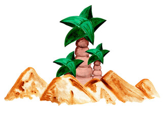 Watercolor cartoon tropical exotic island with desert sand dunes and palm trees. Beach sand illustration