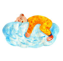 Cute watercolor cartoon baby bear in orange pajama sleep on blue fluffy cloud isolated on white background.
