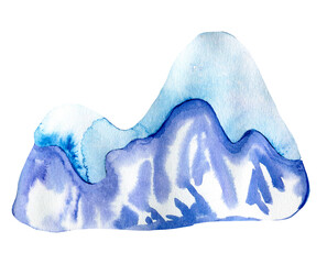 Watercolor snowdrift, blue violet ice or snow hill isolated on white background