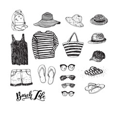 Set of hand drawn illustrations of summer beach clothing and accessories. Sketch style sunglasses, flip flops, bag, straw hats, shorts, beachwear.